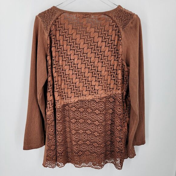 Cactus + Pearl Blouse Women's Large Cowl Neck Lace Overlay Brown - Picture 2 of 10